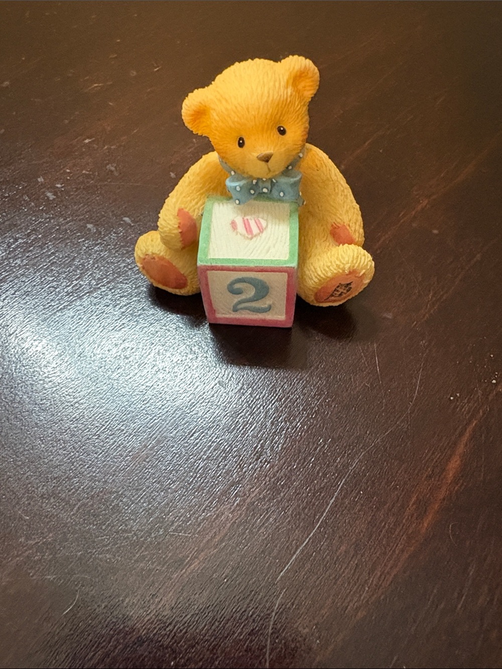 Cherished Teddies Yellow Bear Figurine with Blue Bow and Pastel Block with #2
